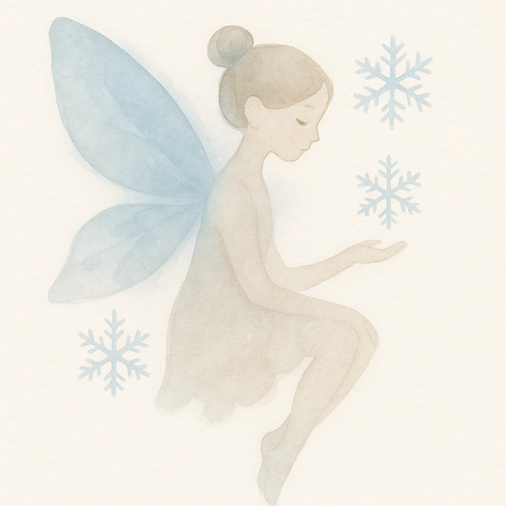 winter fairy with icy blue wings, snowflake patterns, and a frosty glow, delicate watercolor style emoji