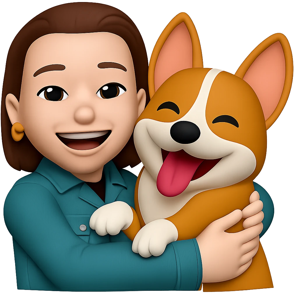 change the color of her jacket to cold teal while she is hugging a corgi dog, keep the golden ring earrings, same style emoji