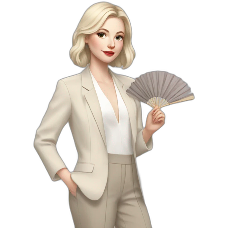 pale skin woman with ash blonde Straightened bob Hair, White Spacious classical jacket, beige palazzo Arrow pants and gray blouse holding a fan color palette in the hands emoji
