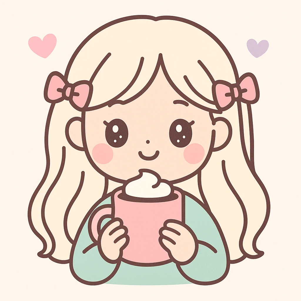 platinum blonde woman with pink bows in hair drinking hot chocolate from a pink mug, kawaii style emoji