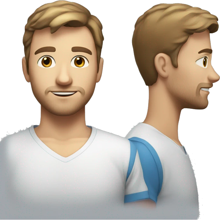 A 24 year old, Caucasian man, with short brown hair, with stubble facial hair,   with blue eyes wearing a t-shirt. emoji