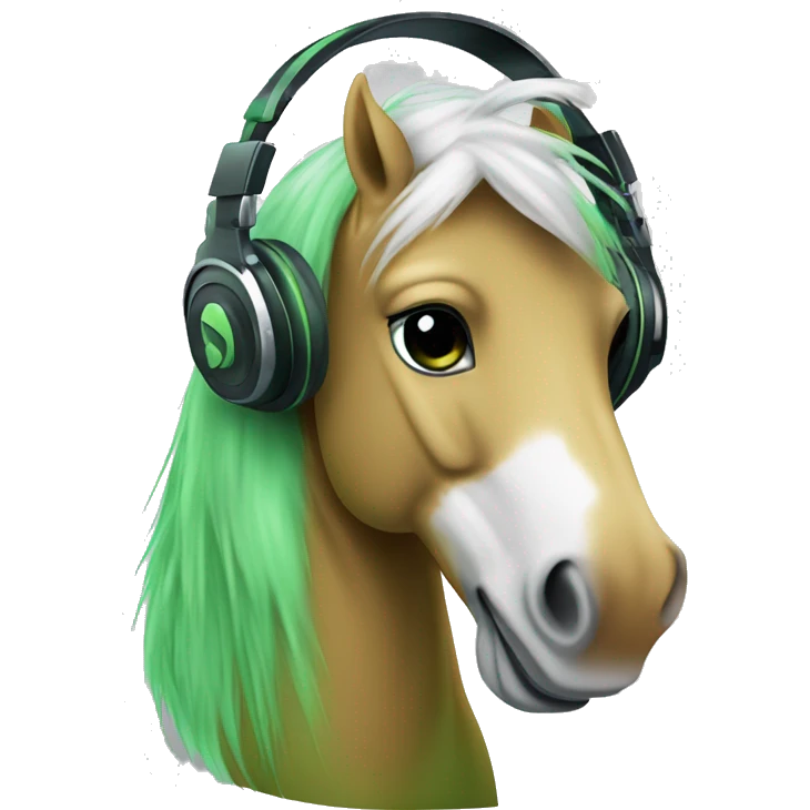 emoji of a green hobby horse with white hair, and dj headphones on. it’s face is made of combination of laughing emoji and kissing emoji  emoji
