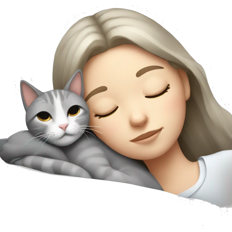 Girl sleeping with grey and white cat emoji