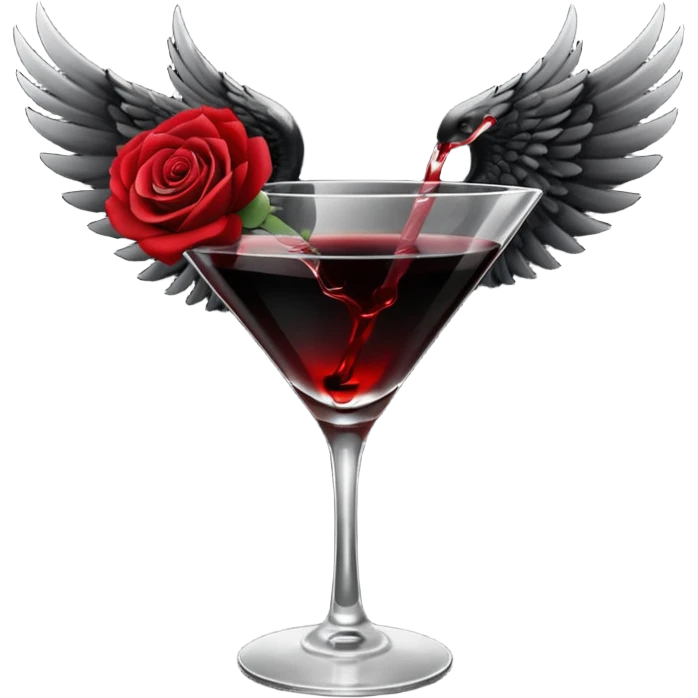 🍸+🍹🖤+🌹 (the liquid is black and one glass with black fallen angel wings)  emoji