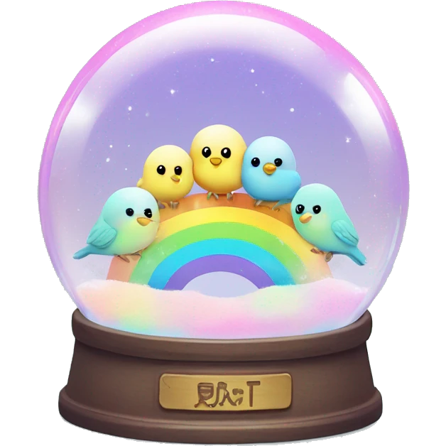 Kawaii rainbow pastel family of birds in neon snow globe  emoji