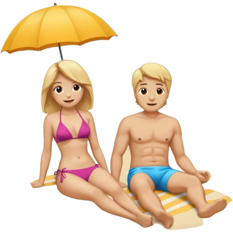 Ein Emoji, 2 personen am Strand: die Frau sehr schlank mit mittellangem, blondem Haar im Bikini, der Mann mit dickem Bauchz in Badeshorts. Beide sind im Ruhestand und liegen entspannt in Liegestühlen, um sich vom Stress des Rentnerlebens zu erholen mit sonnenschirm emoji