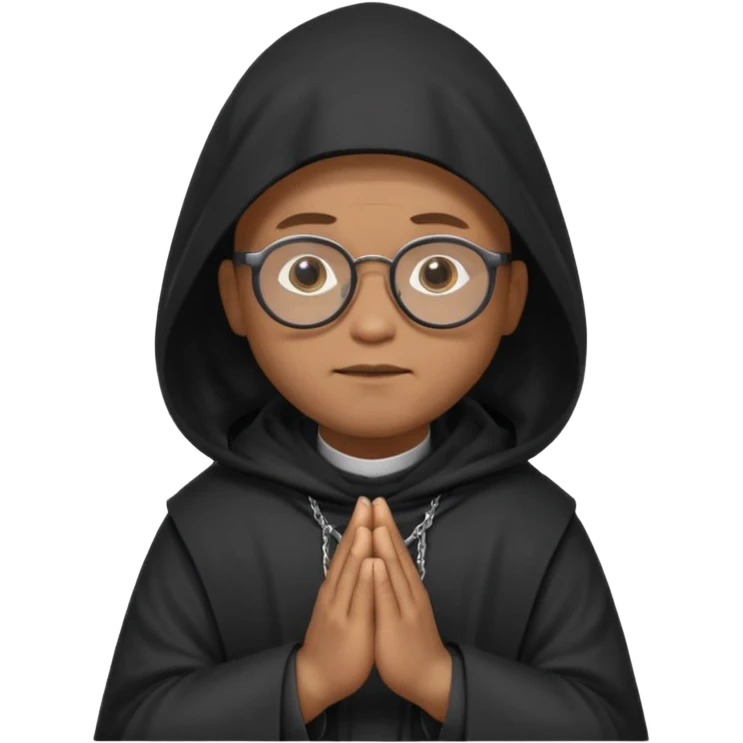 Monk priest prayer black habit with hood round black glasses done light brown wavy hair under hood remove the medallion smaller more round glassed age 46 remove necklace thinner or more oval face  emoji