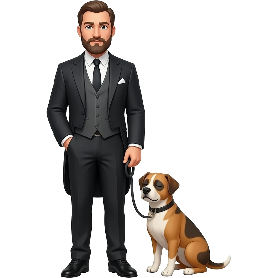 Mieux avant: soumise collier au cou, laisse au collier du cou,a genoux au pied de son maître non barbu et lui debout en costume classique emoji