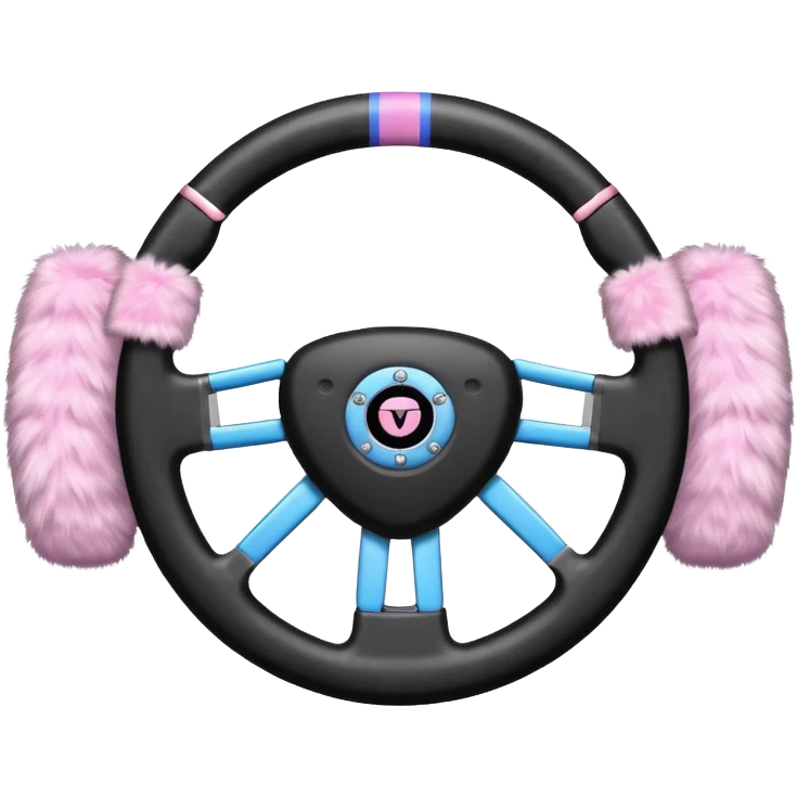 steering wheel with transgender pride flag colors and strifes , with fluffy pink handcuffs emoji