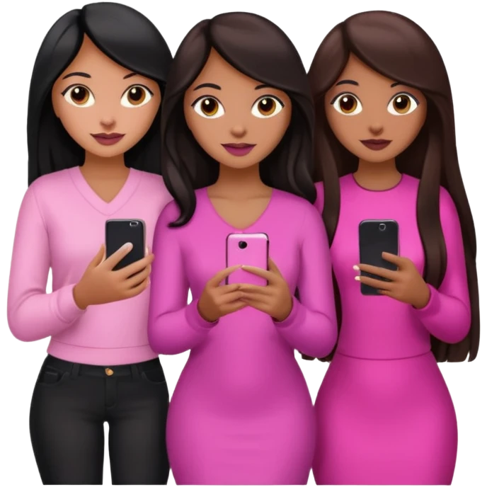 3 brown girl friends with a phone on their hand, one with black long hair, one with brown hair long and the other one with black with brown hair. Wearing pink glammed up  emoji