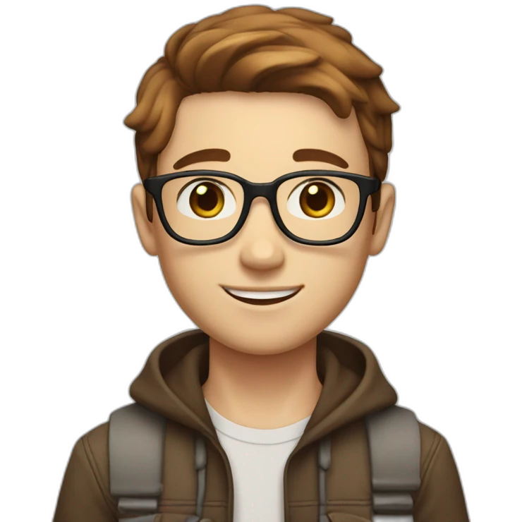 Boy with freckles on his face, cap, white skin tone, brown hair tone, short, straight hair, with cool glasses and urban look, brown eyes, nice smile emoji