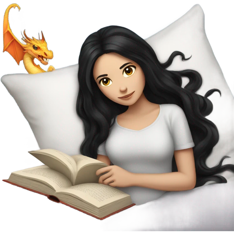 White girl with long black hair lying in bed reading a book with a dragon on the cover emoji