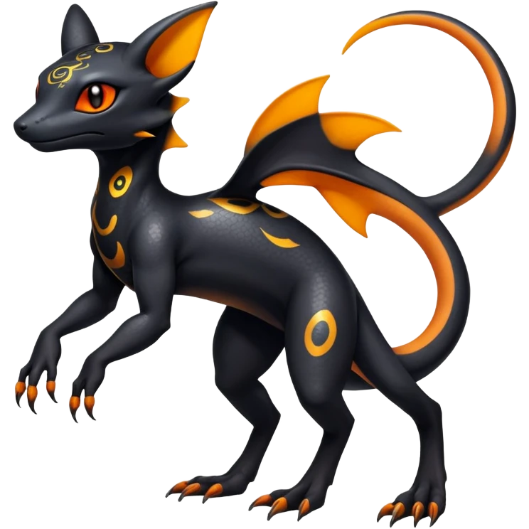 Colorful Iridescent Exotic Black and Orange Salandit-Umbreon-Fakémon-hybrid-creature (full body)  emoji
