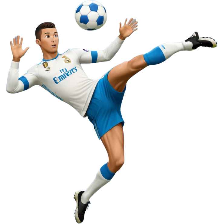 Ronaldo doing a bicycle kick with football in mid air While wearing a Retro blue Real madrid kit and yes i want it to be exactly the same as he Scored it in 2018 vs Juventus  emoji