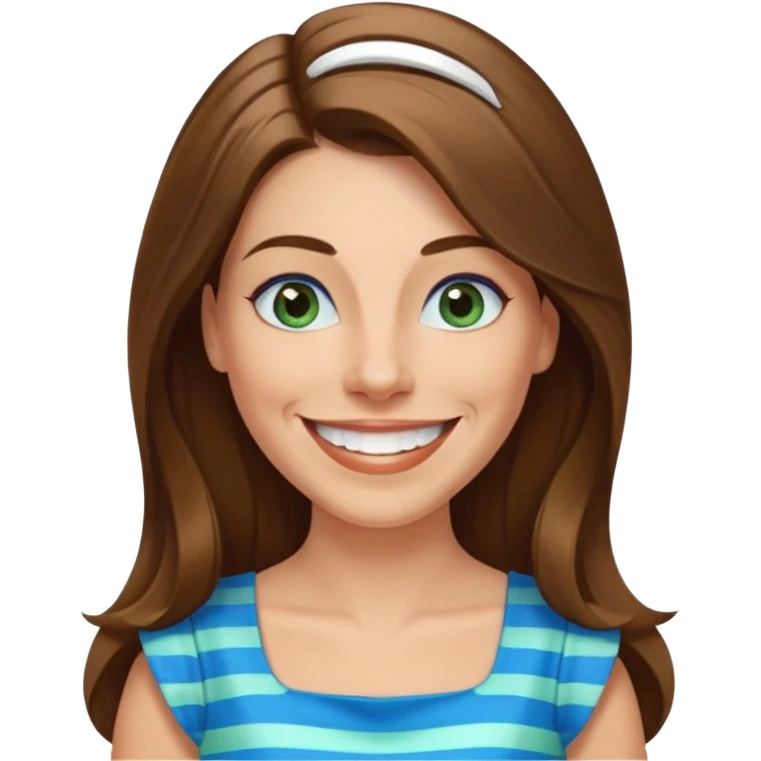 40 yr Caucasian woman, long brown hair parted on side, white stripe in hair, blue green dress ,big smile, white teeth, dimples, blue eyes emoji