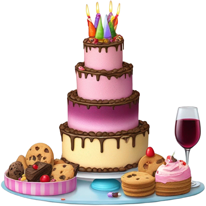 Happy 83rd Birthday! With cake,balloons, wine glasses,cookies, ice cream emoji