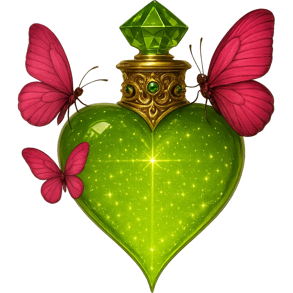 Adjust the bottle shape so the bottom ends in a sharp heart point, exactly like in the reference image, not flat or like a standing object. Keep the same composition and number of pink butterflies, #c0ff53 glitter liquid, magical dust, crystal neck, and all the luxurious golden details and gemstones. Maintain a transparent background as PNG. emoji