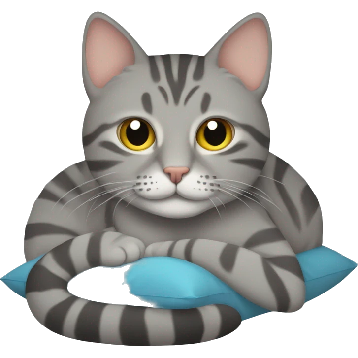 A grey tabby cat lies with its head on a pillow emoji