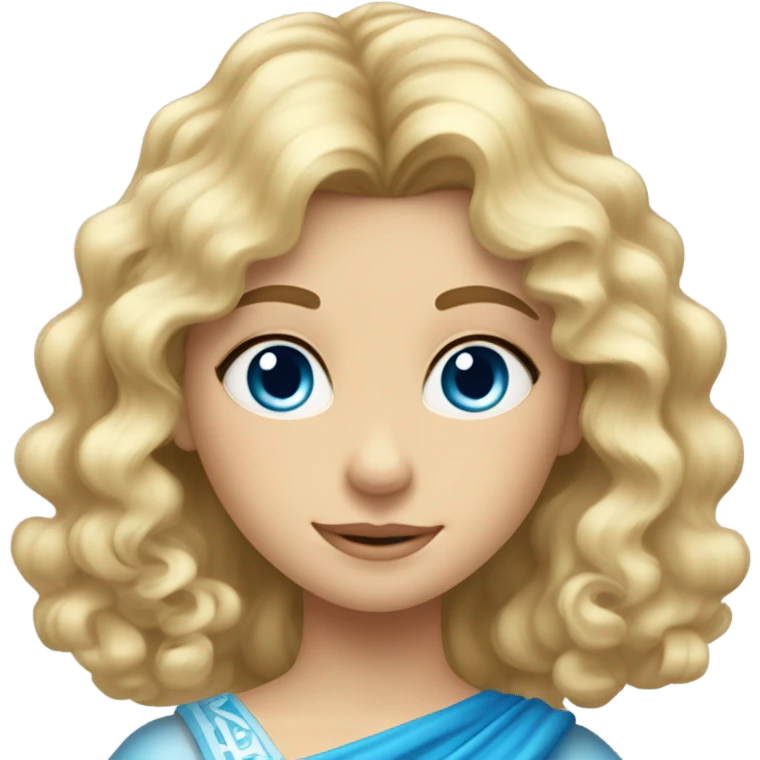 Blonde Serbian Girl with shoulder length hair and a few strands of curly bangs with blue eyes who looks like a princess emoji