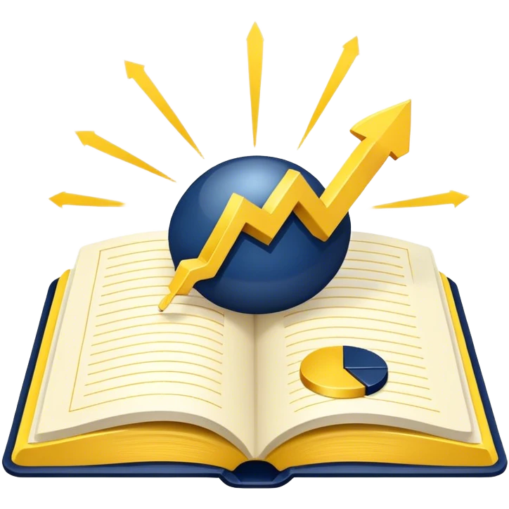 A yellow productivity book with navy blue and gold details, and chart with upward trend aura, radiating productivity, strategy, and success in motion with time and happiness yellow... power in time aura of happiness emoji