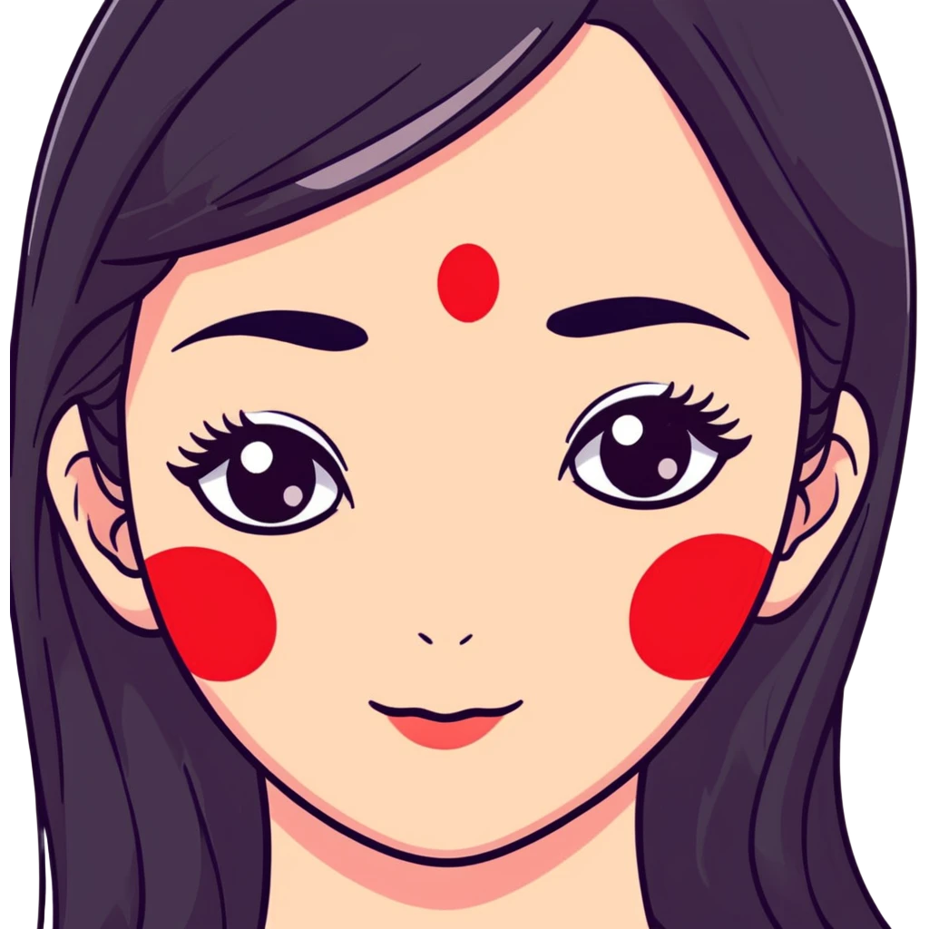 White girl with long oval shaped face, large almond shaped eyes with long eyelashes, long straight black hair falling in front of her bare shoulders, face closeup, with red and white gopi dots decorating her forehead above eyebrows emoji