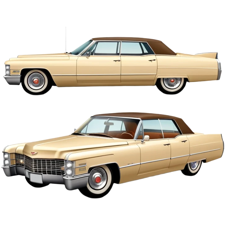 Beige 1966 Cadillac DeVille, 30-degree three-quarter view showing front and side, accurate vintage luxury car proportions, detailed front grille and headlights, from Once Upon a Hollywood movie, iOS emoji style emoji