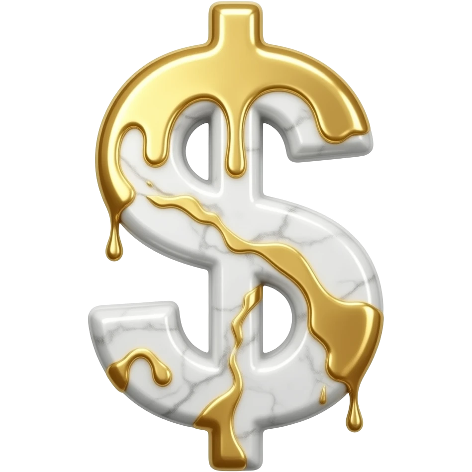 A luxurious uppercase letter '$' crafted from polished white Carrara marble with deep veins of more glowing liquid gold flowing through it. High-end jewelry aesthetic, soft studio lighting, elegant and Luxurious Marble Letter. emoji