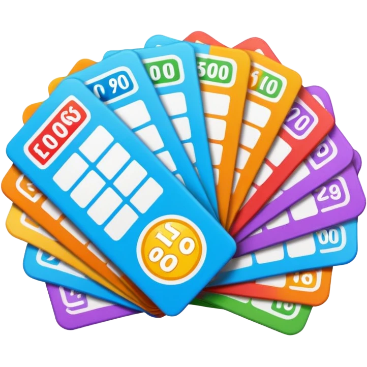 Create blank lottery coupons fanned out, clean and colorful, with different header colors and simple grid sections. No numbers, no text—just empty fields and a lottery-ticket layout. Bright, modern, and on a neutral background. with no lottery text not it at all emoji