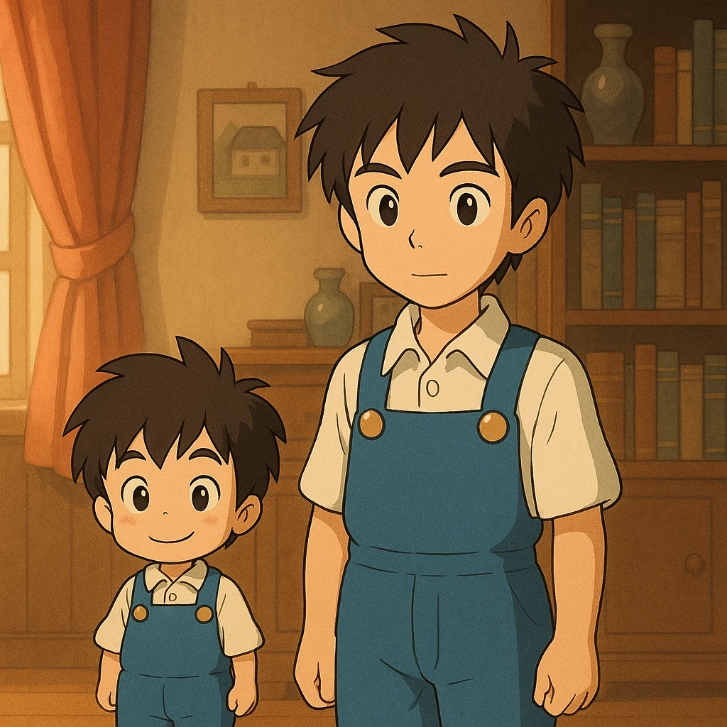 Create a cute small chibi anime character standing next to a regular-sized version of the boy from the reference image for size comparison. Render in Studio Ghibli style with a warm and friendly atmosphere. emoji