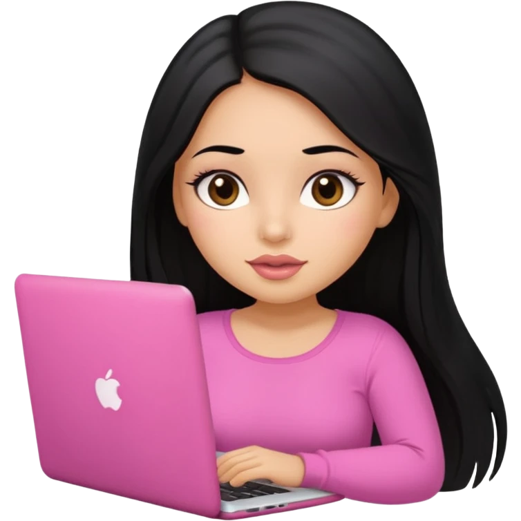Cute adorable latina girl, straight long black hair, big eyes, plumpy big lips, working with laptop, wearing pink top emoji