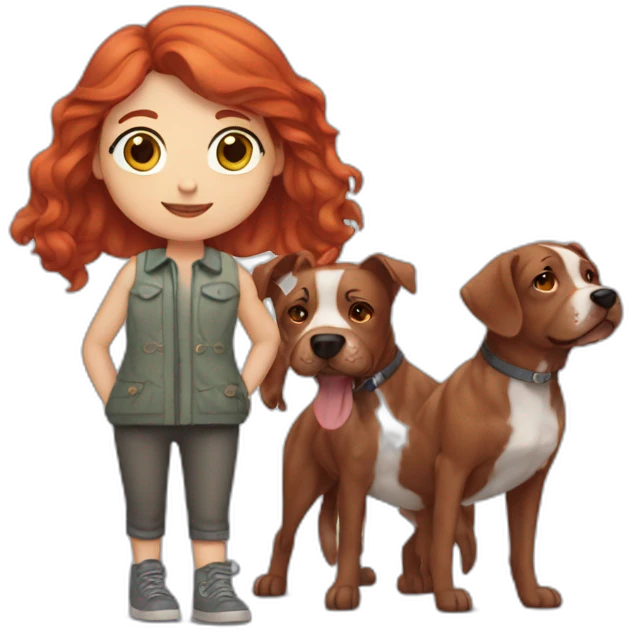 Redhead girl with 2 brindle dogs emoji