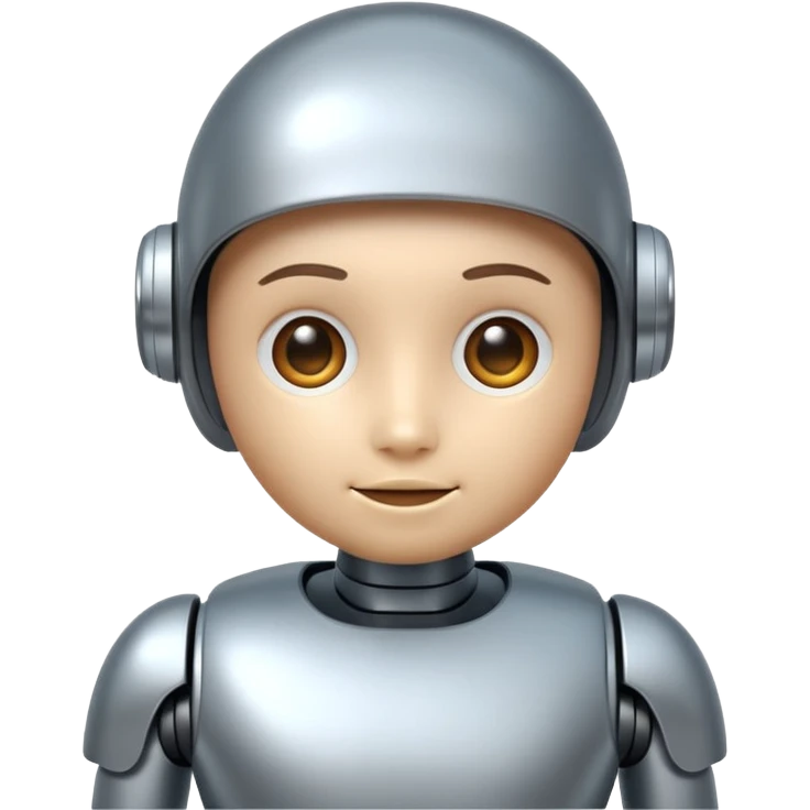 A cute futuristic robot emoji made of silver chrome, rounded friendly body, minimal facial features, glossy metallic surface, soft reflections, iOS emoji style, centered, clean white background emoji