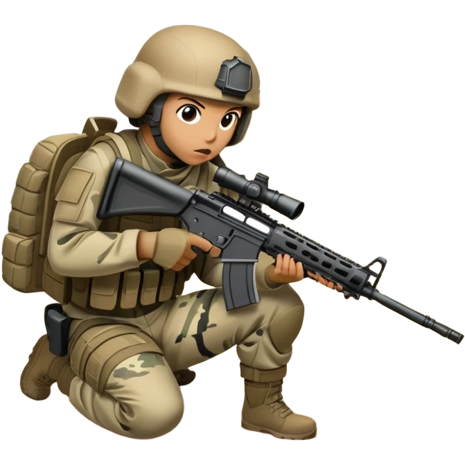 A tactical player in camouflage gear, crouched behind cover with a rifle aimed, ready for action. The scene is set in an outdoor field, with strategic obstacles and soft sunlight, conveying the intensity and teamwork of a competitive airsoft match. emoji
