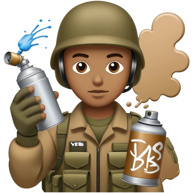 brown soldier with a spray can doing graffiti spelling out YBS emoji