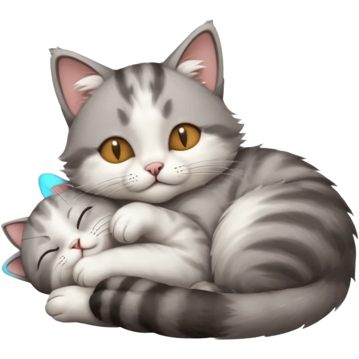 grey and white small cat with its eyes closed lying down with its paw holding up his head emoji