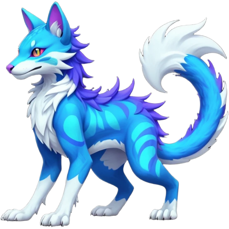 Neon-colored fantasy feline-vernid-sergal-protogen-primagen-fursona animal creature with a tufted tail full body with intricate markings  emoji