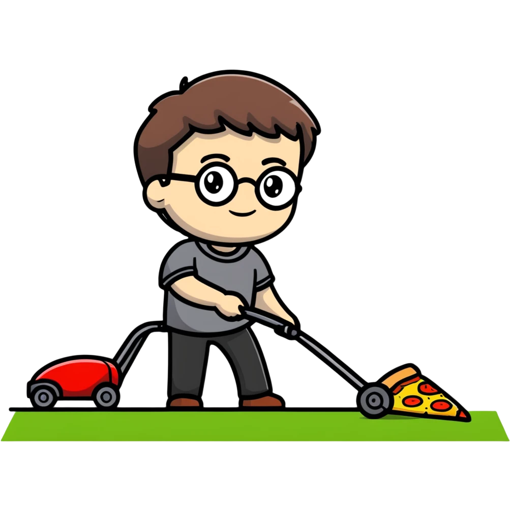 Harry Potter mowing the lawn with a pizza slice emoji