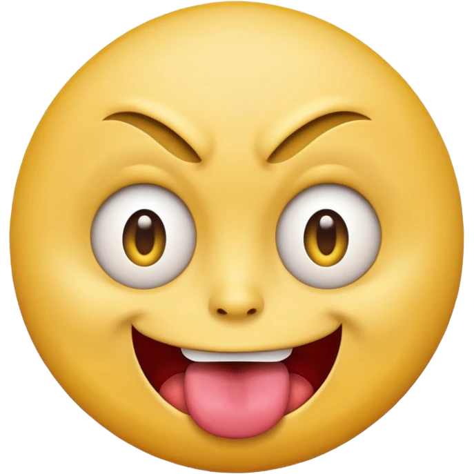 A yellow round face emoji smirking with its tounge out but the eyes are evil and kind of crazy and one eyebrow is raised in a suggestive way emoji
