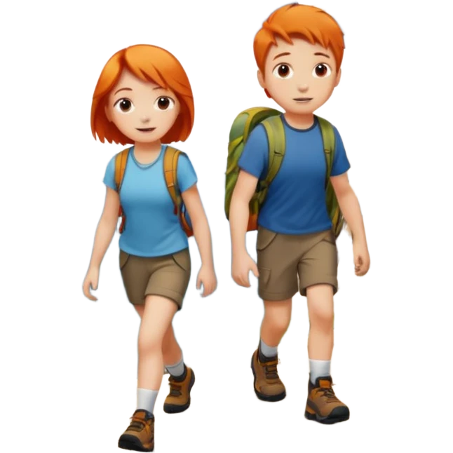 A girl with orange hair and a boy with brown hair hiking a mountain  emoji