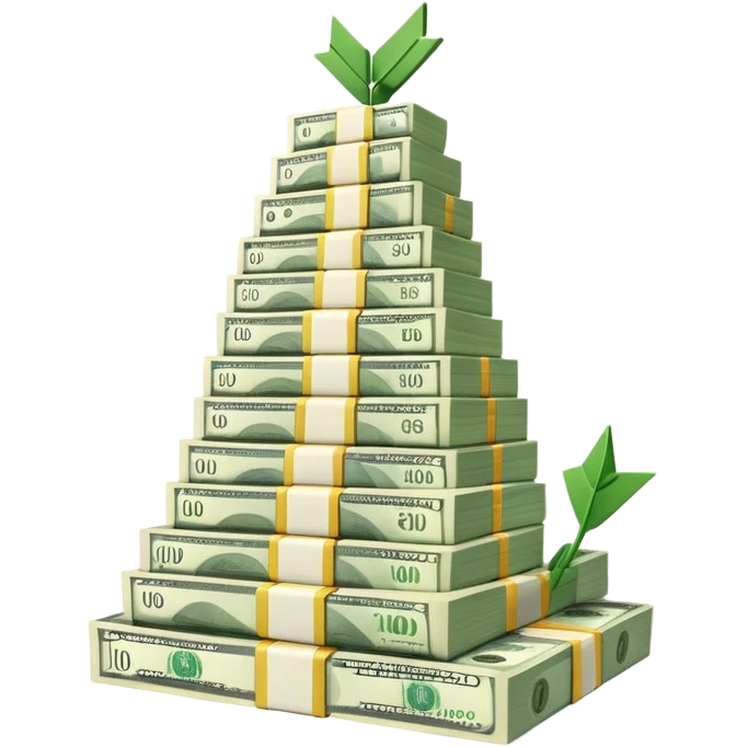 upward arrow next to gradually increasing stacks of dollar bill bundles, showing financial growth emoji
