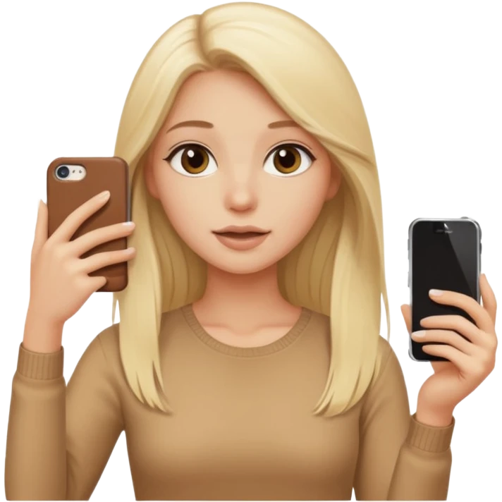  beautiful pale blonde girl with long hair taking selfie on brown case iPhone in beige top emoji