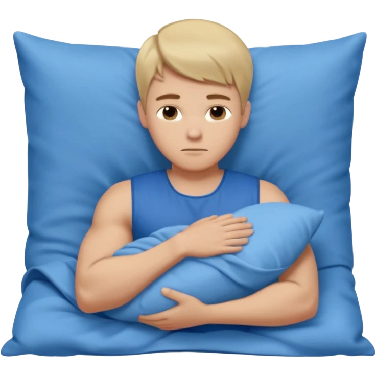 A young muscular male with short dark-blonde hair, medium-light skin, and a neutral expression, dressed in blue cloth. He lies on his side, arms around a soft white pillow, with his head on a smooth blue pillow. A flowing blue blanket covers him in silky folds. emoji