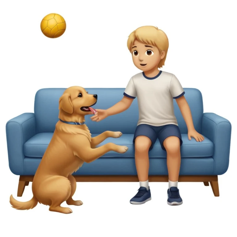 kid and dog playing with ball, living room background emoji