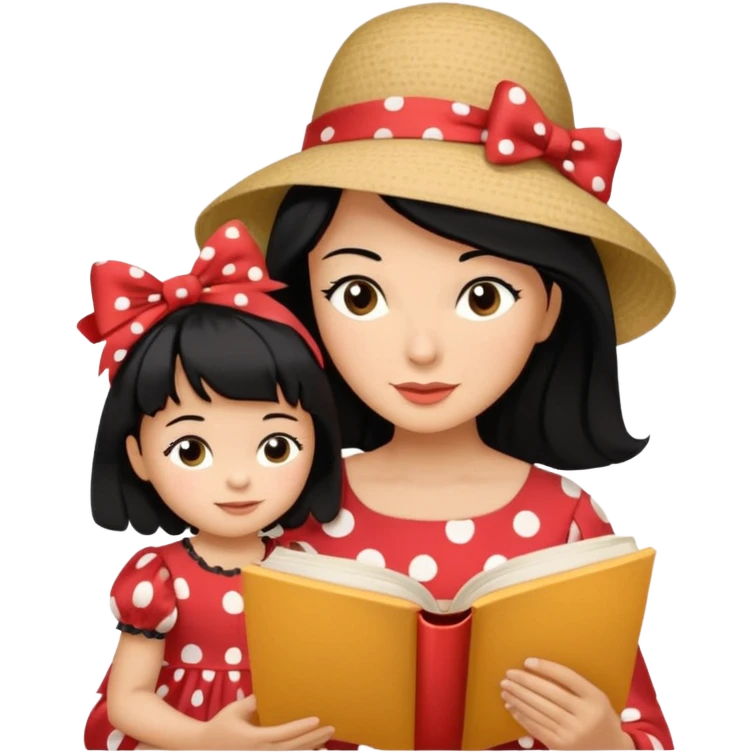 A black hair mother in a ribboned hat wearing polka dot dress reading a storybook to her child. emoji