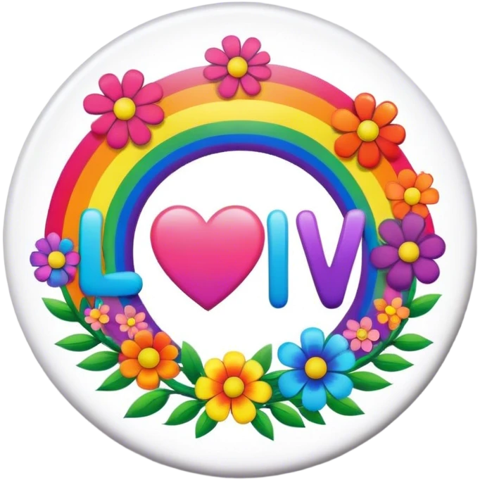 A round psychedelic colored button that says love with rainbow colored hippie style flowers emoji