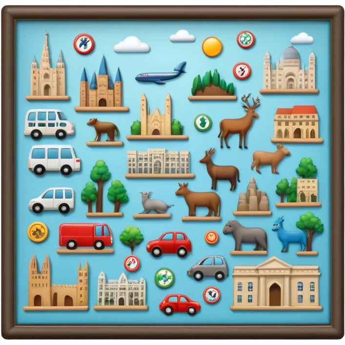 Icon for Magnet Collecting: a magnetic board on a wall displaying a collection of various magnets from different places, featuring cities, animals, and symbols. The icon should evoke the joy and uniqueness of a diverse magnet collection. Transparent background. emoji