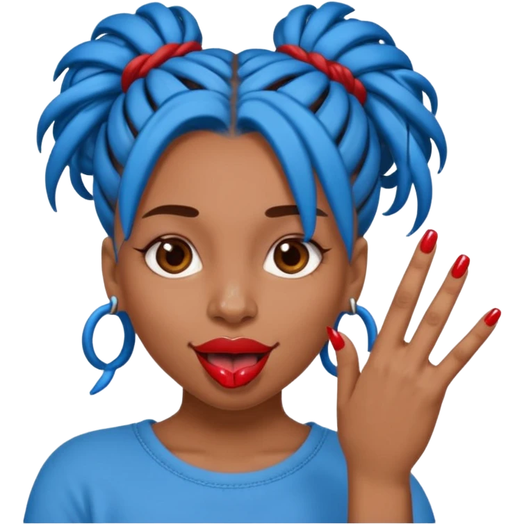 brown girl with blue locs in a bun with tongue out and red nails showing secomdnd finger emoji