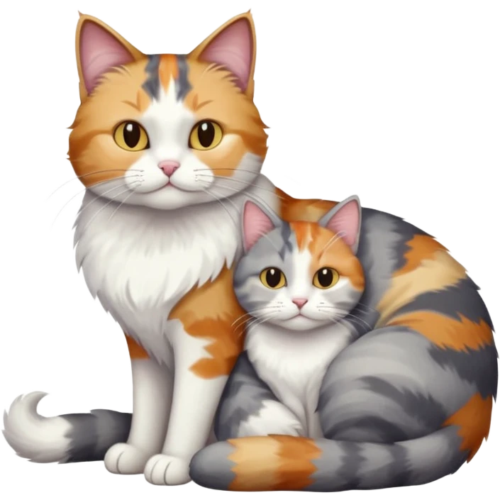 full body colourful light patched calico + white tabby cat cuddling a large grey and white cat  emoji