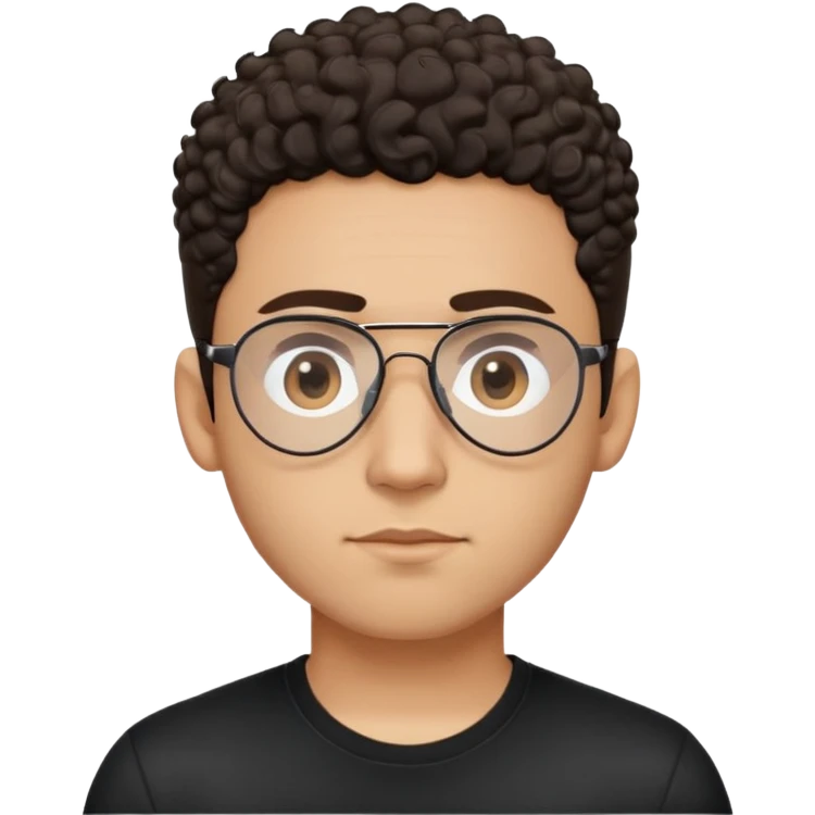Latino man with light brown complexion, small face and prominent forehead, teardrop-shaped aviator glasses, totally shaved sides with very minimal dark curly hair only on top, gentle expression, simple black t-shirt emoji
