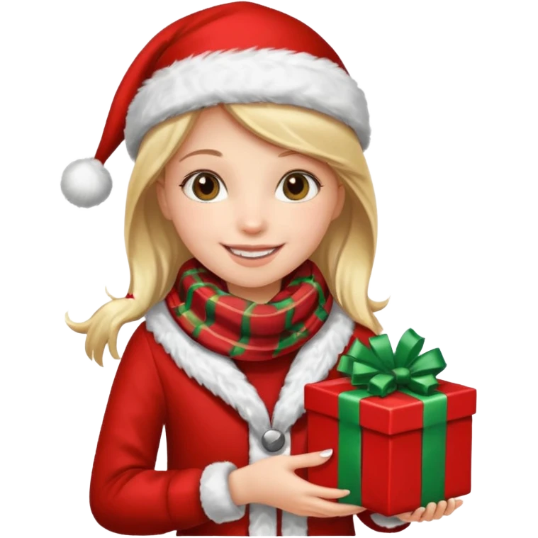 a girl wearing a chirstmas jacket and scarf and holding a christmas gift emoji
